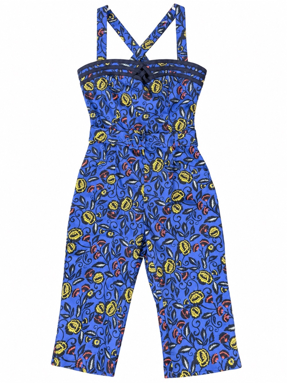 Anthropologie Cartonnier Blue Floral Belted Cropped Jumpsuit Size 2 Retro